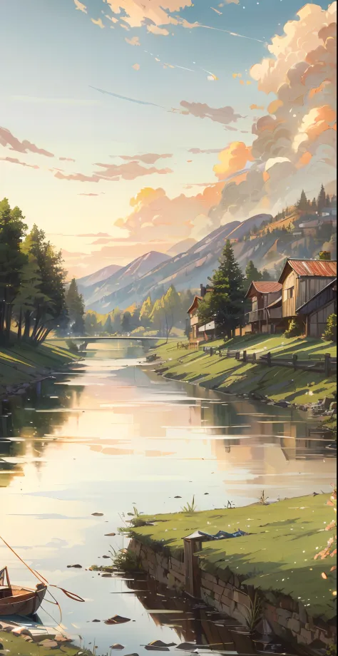 painting of a river with a boat and a house in the distance, scenery artwork, anime countryside landscape, scenery art detailed, peaceful landscape, detailed painting 4 k, detailed scenery —width 672, kilian eng and thomas kinkade, beautiful detailed scene...