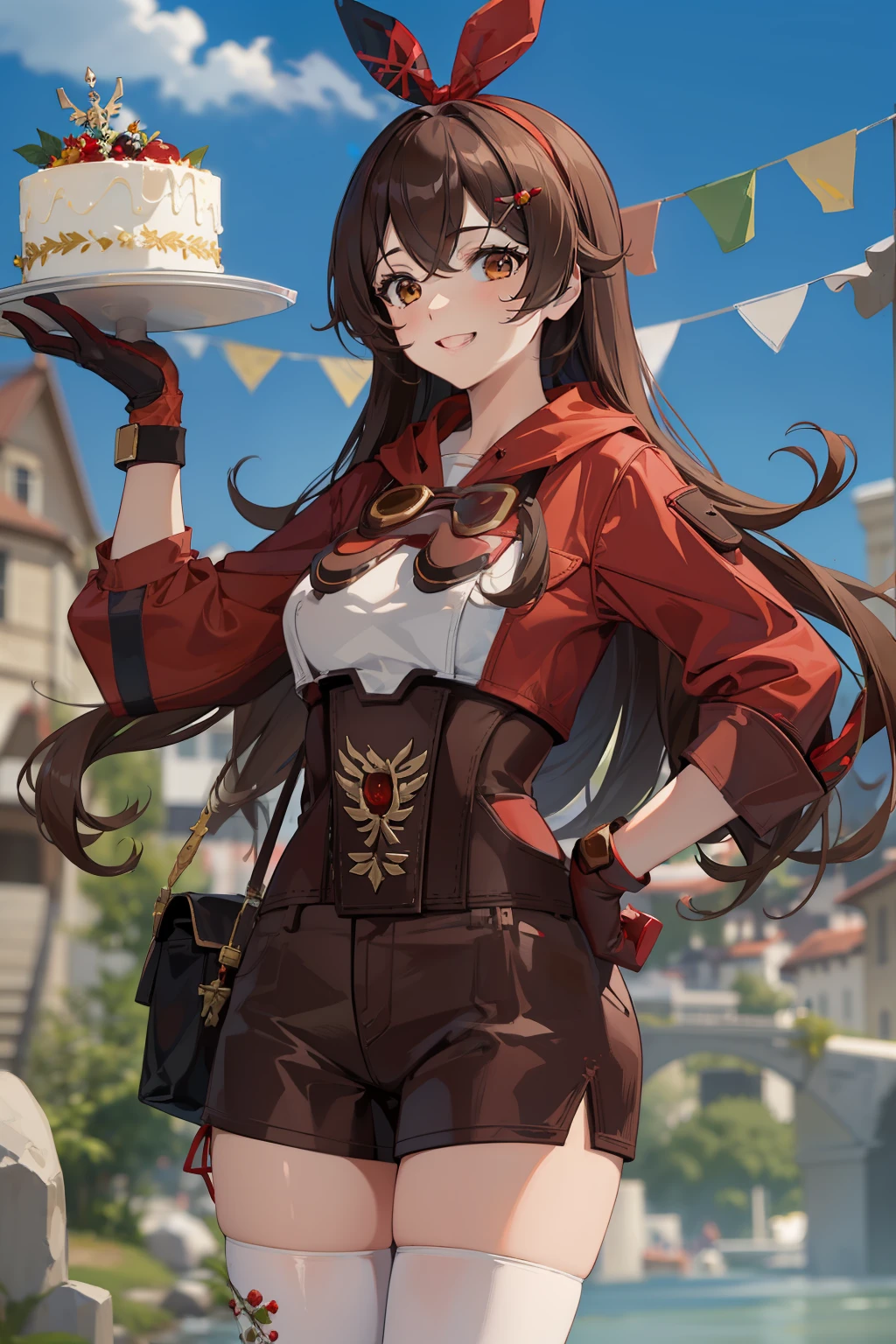 (masterpiece), (best quality), (ultra detailed),(disheveled hair),(illustration), (1girl), long brown hair, red headband, red sleaves, brown shorts, white shirt, white socks, happy smile, holding a big cake with red berries
