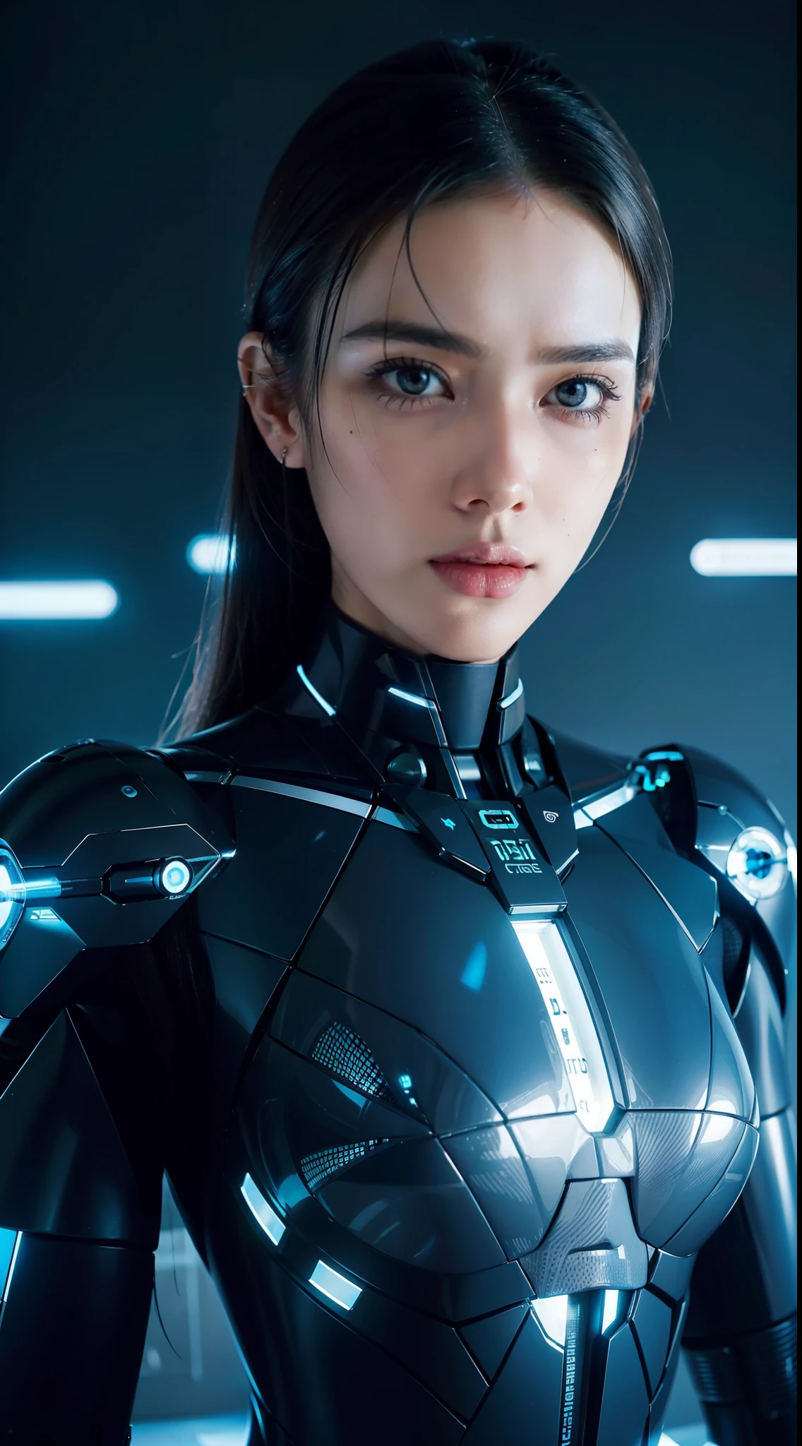 arafed image of a woman with a futuristic face and a digital clock, cyborg woman, intricate transhuman, cyborg - girl, strong artificial intelligence, transhuman, the coming ai singularity, portrait of a cyborg, artificial intelligence, portrait of an ai, cyborg girl, cyberpunk transhumanist, perfect cyborg female