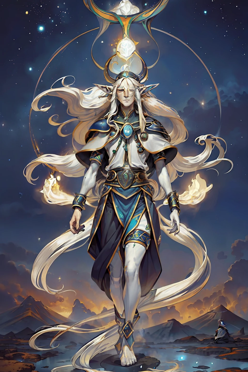 ((Astros destino tempo) + ("Ancestral elf" + (long flowing silver hair:1.2) + (pele azulada:1.2) + (pequenas estrelas na pele:1.1):1.1))