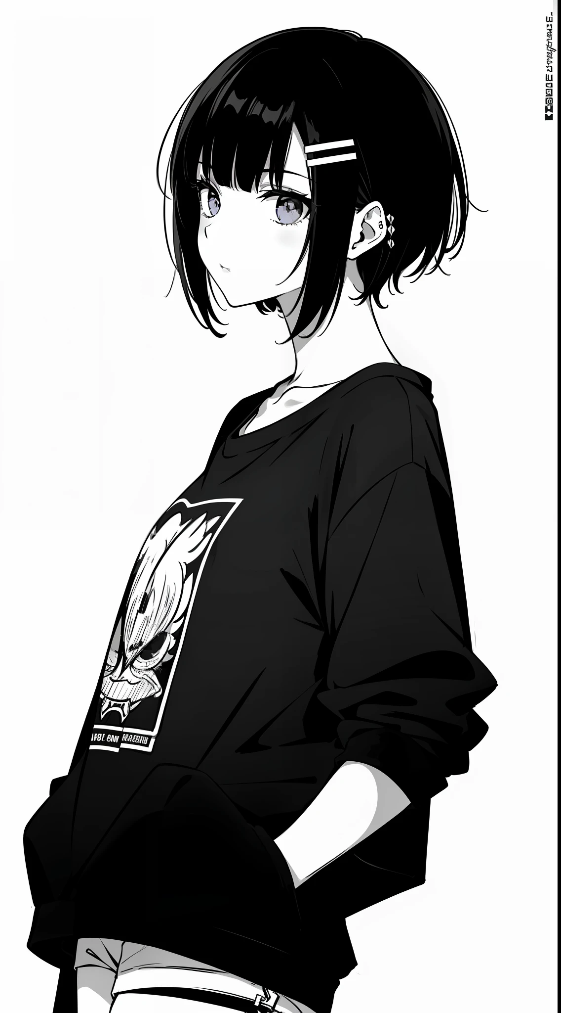 girl, side portrait, black and white, messy short hair, edgy accessories,sporty style, casual t-shirt, confident gaze, monochrome color scheme, looking to the side, chic street fashion, casual hands in pockets pose,head,((a person)),Hairpin