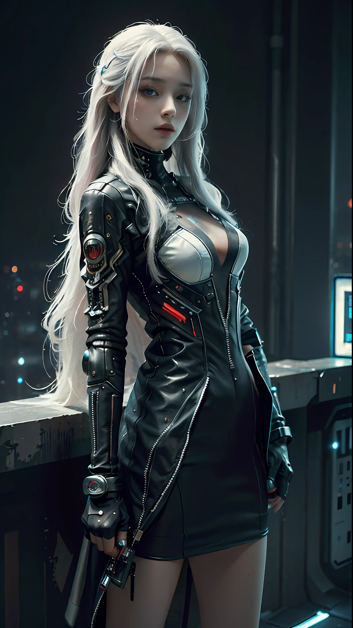 ((Best quality)), ((masterpiece)), (detailed: 1.4), 3D, cyberpunk, a beautiful woman with long white hair