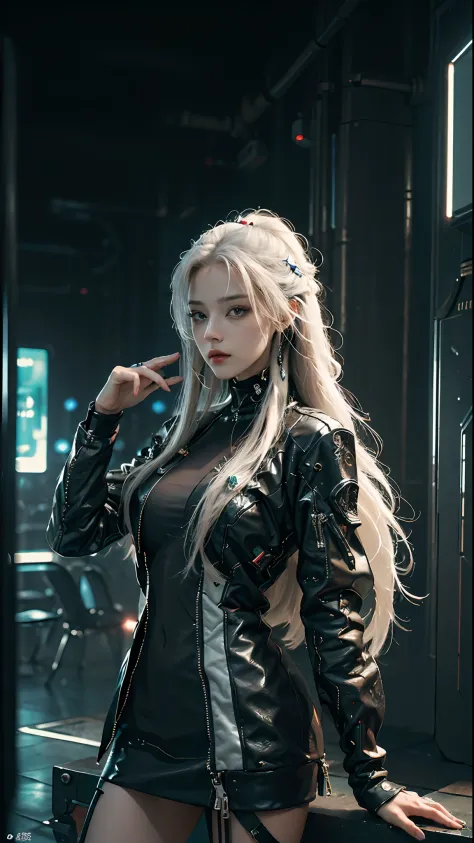 ((Best quality)), ((masterpiece)), (detailed: 1.4), 3D, cyberpunk, a beautiful woman with long white hair