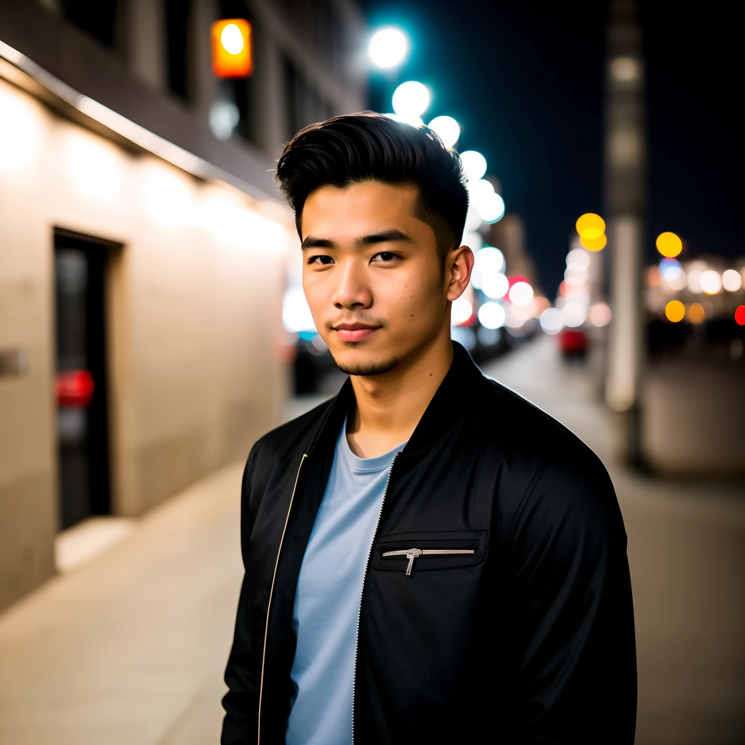 RAW photo, a portrait photo of 25 y.o man in casual clothes, night, city street, (high detailed skin:1.2), 8k uhd, dslr, soft lighting, high quality, film grain, Fujifilm XT3