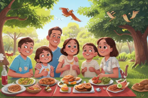 Closeup, A family portrait, com alto detalhes nos olhos e rostos, mami, Pai, a park with a background of trees and blue sky and birds flying and in the right corner a barbecue with smoke