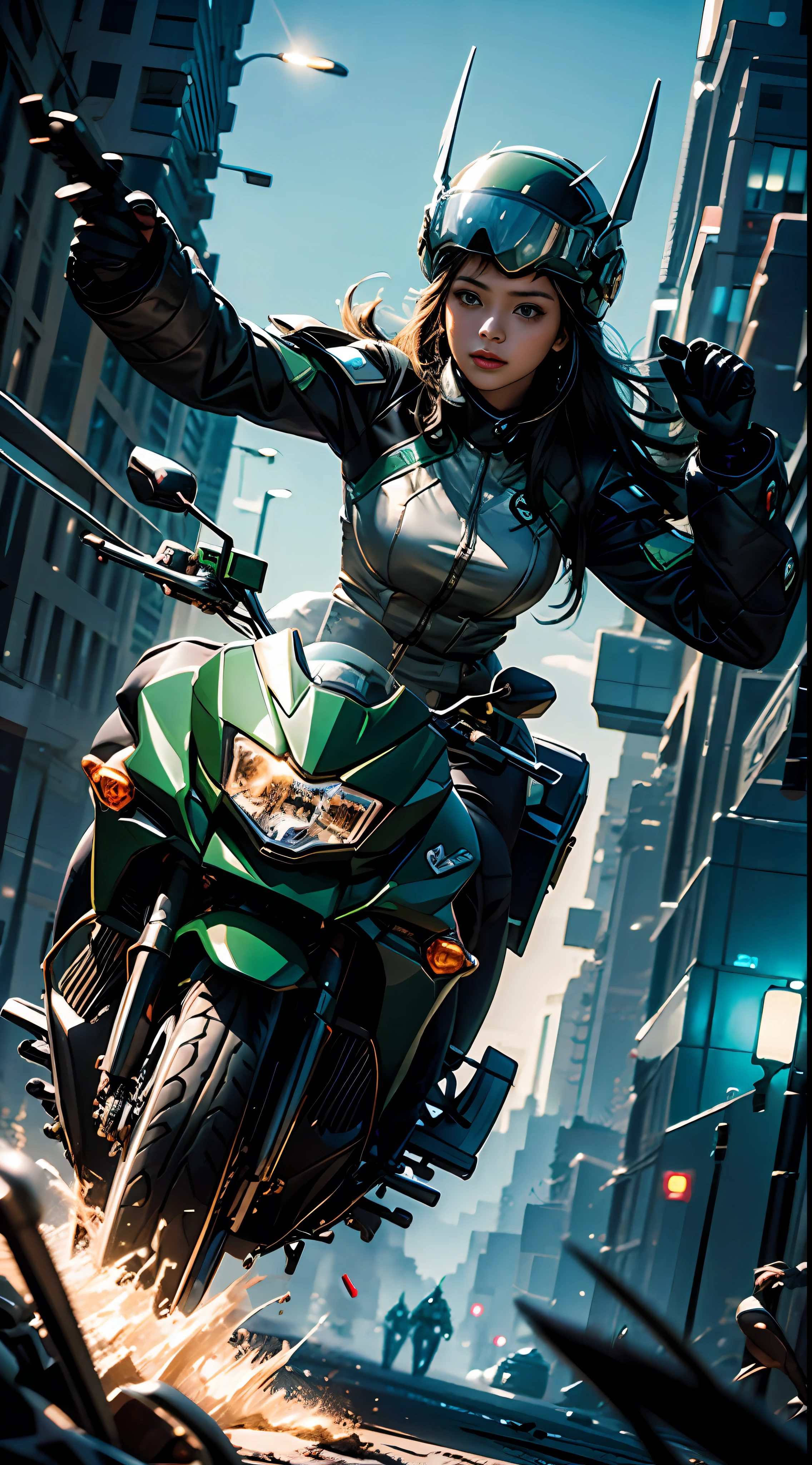 Highest image quality, outstanding details, ultra-high resolution, (realism: 1.4), the best illustration, favor details, highly condensed 1girl, with a delicate and beautiful face, dressed in a black and green mecha, wearing a mecha helmet, holding a directional controller, riding on a motorcycle, the background is a high-tech lighting scene of the future city.