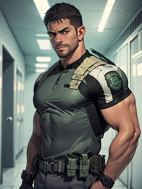 1 man, solo, 35 year old, Chris Redfield, wearing green T shirt, smirks, white color on the shoulder and a bsaa logo on the shou...