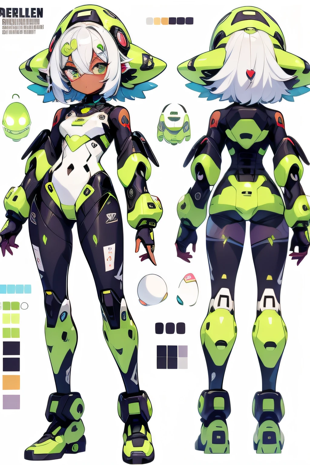 anime, refsheet, girl, anime styled, character design, 2d, robot girl, darkskin, white hair, robotic, cute, anime 2007, alien guy, green, atennees, alien girl, ufo