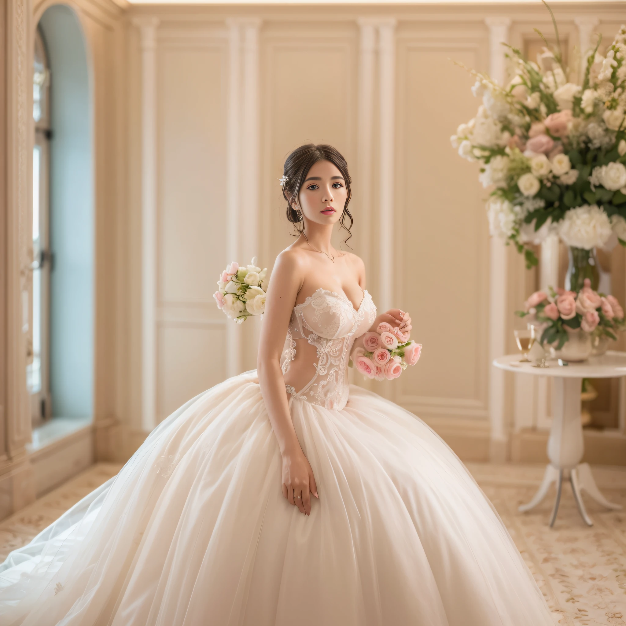 best qualtiy， tmasterpiece， A high resolution， Girl 25 years old，Wedding dress，Open-chest Tyndall effect，realisticlying，Pink room edge lighting，twotonelighting，（highdetailskin：1.2），8K high-definition，gentle illumination，high high quality，The upper part of the body, Plump breasts,