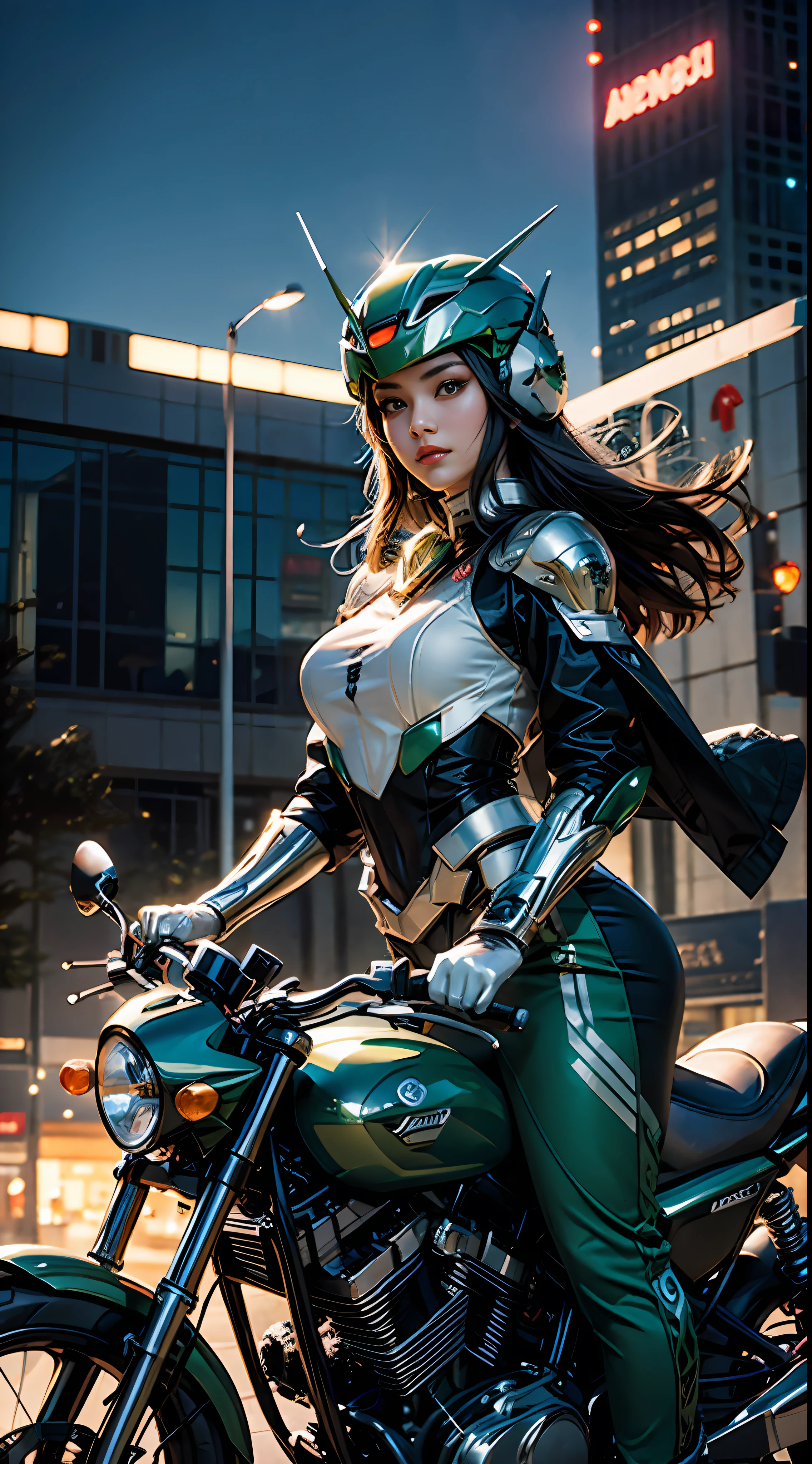 Highest image quality, outstanding details, ultra-high resolution, (realism: 1.4), the best illustration, favor details, highly condensed 1girl, with a delicate and beautiful face, dressed in a black and green mecha, wearing a mecha helmet, holding a directional controller, riding on a motorcycle, the background is a high-tech lighting scene of the future city.