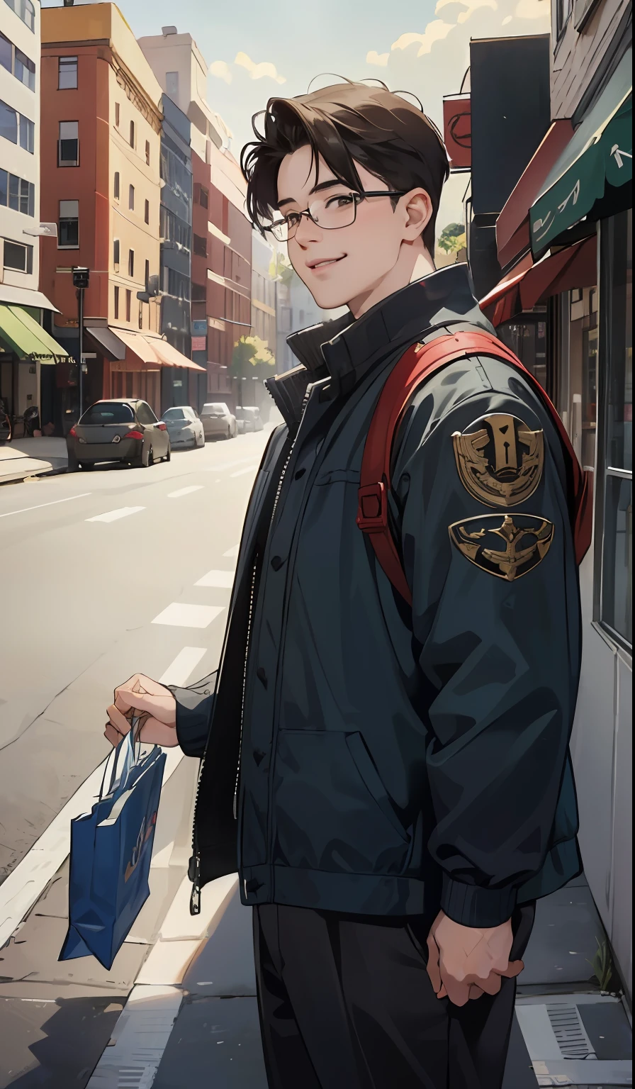 Anime boy with glasses and a backpack on a city street - SeaArt AI