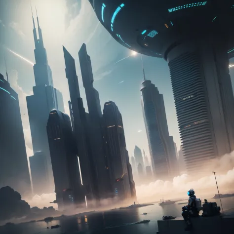 A futuristic setting of a great technological metropolis, WHERE AN ASTRONAUT OBSERRAVA THE CITY Architecture of the science fiction metropolis, in its airspace with several spaceships flying, Featured Pieces, Complex structure and parts of walls and machin...
