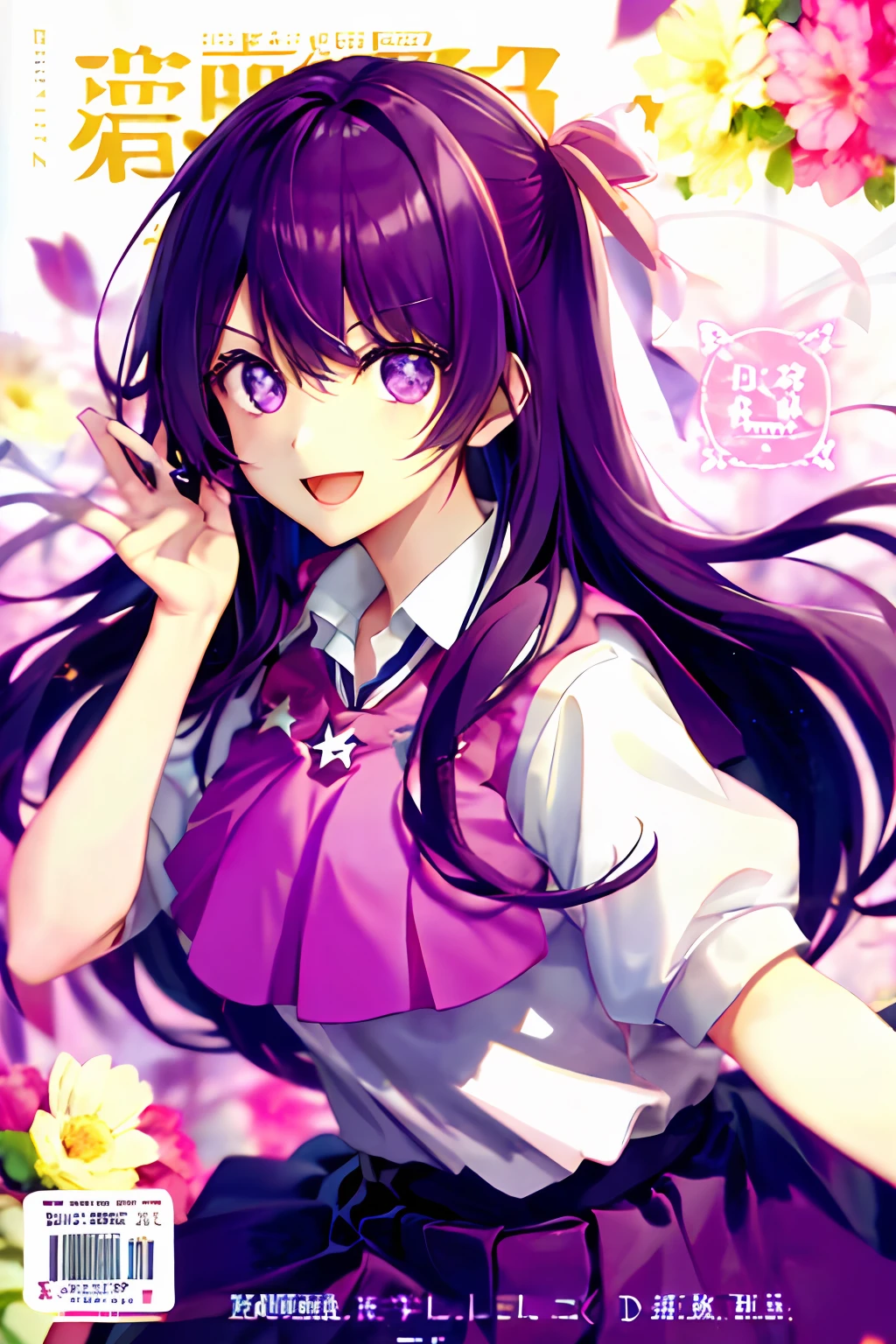 Cover of a，1个Giant Breast Girl，， tmasterpiece， Best quality at best，（（There is a five-pointed star in the eye））Gorgeous Hair in Long Purple，Smile，Open mouth，JK school uniform