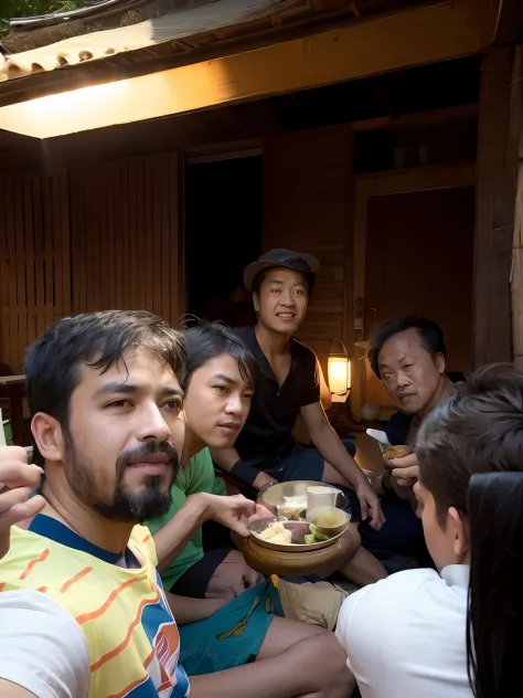 several men sitting around a table with bowls of food in front of them, at night time, selfie photo, very very low quality pictu...