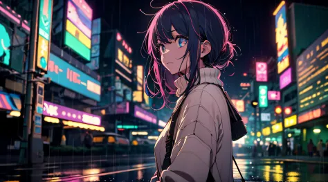 Night, colorful cyberpunk city background, rain, street, teenage girl in comfortable sweater, loli, black stockings, backlight, looking at the audience, low angle lens, looking up lens, perfect composition, perfect light and shadow delicate, 8k