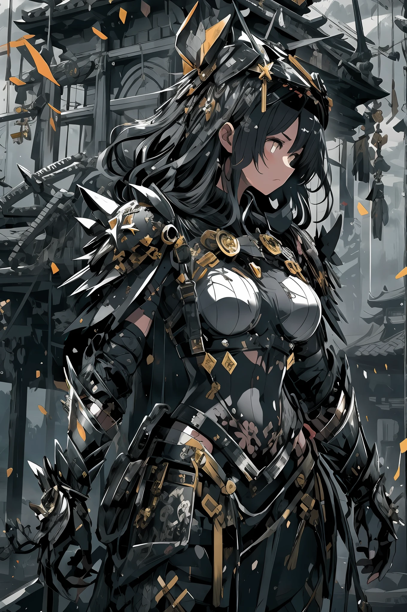 ​masterpiece, top-quality, hightquality, abyssal, awardwinning photo, depth of fields, nffsw, ighly detailed, trending on artstationh, Trending in CGSighbour, Convoluted, high detailing,This illustration is、It is a fantasy scene that emphasizes weight and strength.。Female warrior in black armor、Stand with a very large sword in each hand。Her armor is、Covered with thick and heavy steel plates、You can feel its weight and dignity.。The design of the armor is、Attention to detail、Carved patterns and reliefs exisymbolizes her pride and determination as a warrior。

Her expression was、Firm determination.、Eyes have a mysterious glow, As if staring into the distance。Her gaze is、It shows its inner strength and determination.、You can feel the fighting spirit hidden in her chest。

The surroundings include、Turbulent powder々Became glass、Sound and spectacle further accentuate the majestic atmosphere.。Steel armor and powder々The contrast of the glass that became、Symbolizes the trials of the female warrior's past and her indomitable will。

This illustration is、Through the figure of a female warrior with strength and solidity、It depicts a message of strength and courage to overcome adversity。