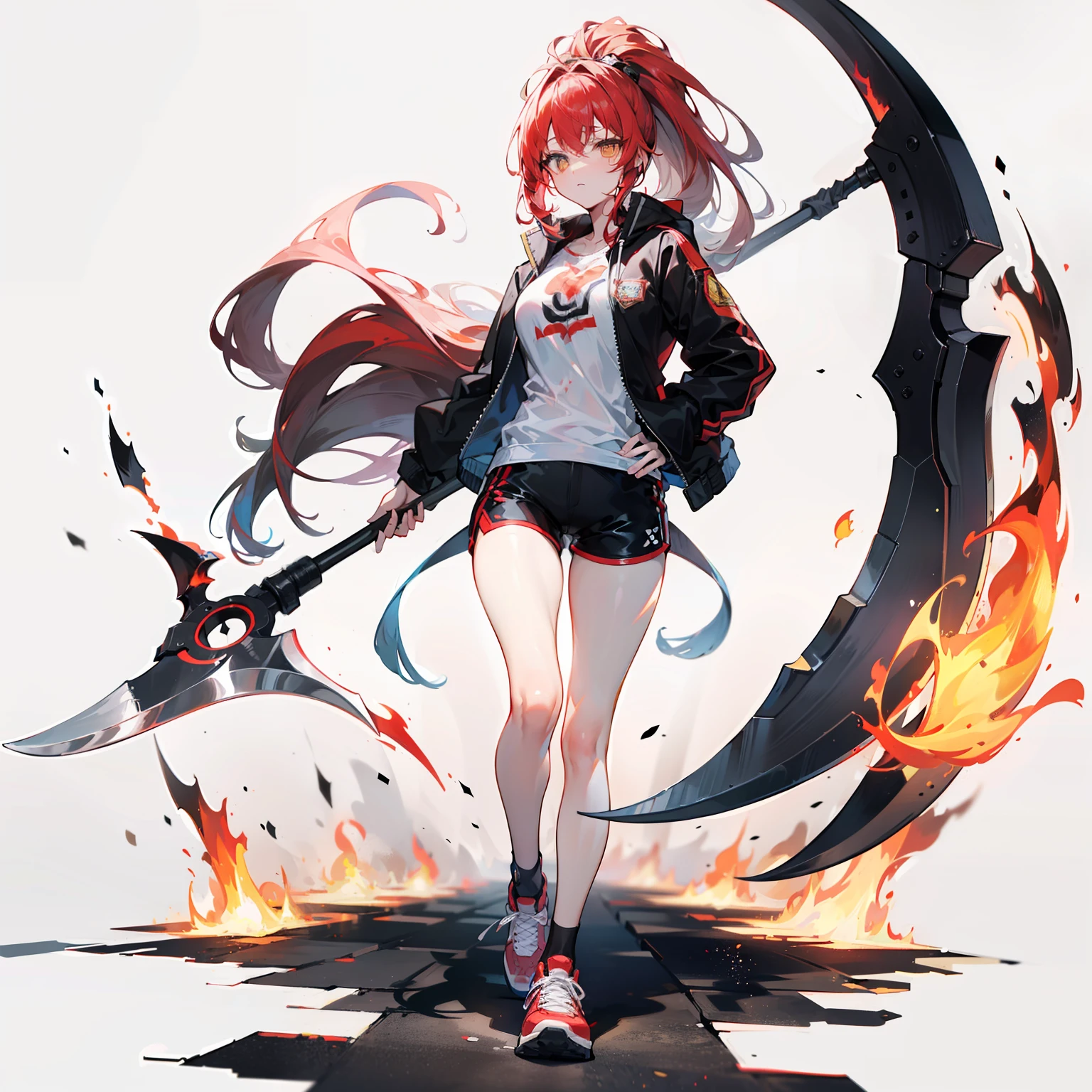 1girll，独奏，((solo person))，（Red high ponytail），（very long flowing red hair），（Messy hair），（long whitr hair），full bodyesbian，black black jacket，Short hot pants，standing on your feet，｛White background 1：：5｝，A large number of flame particles，Golden pupils，athletic sneakers，（Heads-up）,(long slim figure)，Holy，rebellious，Holding a huge scythe in his hand，Flame flow，Flames splattered