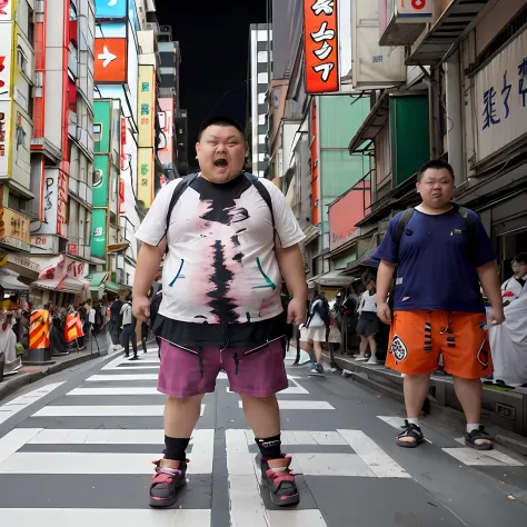 fat, whoami,Capture the unique scene of a stereotypical anime otaku in Akihabara, The otaku should be hyper-realistic, with a hi...