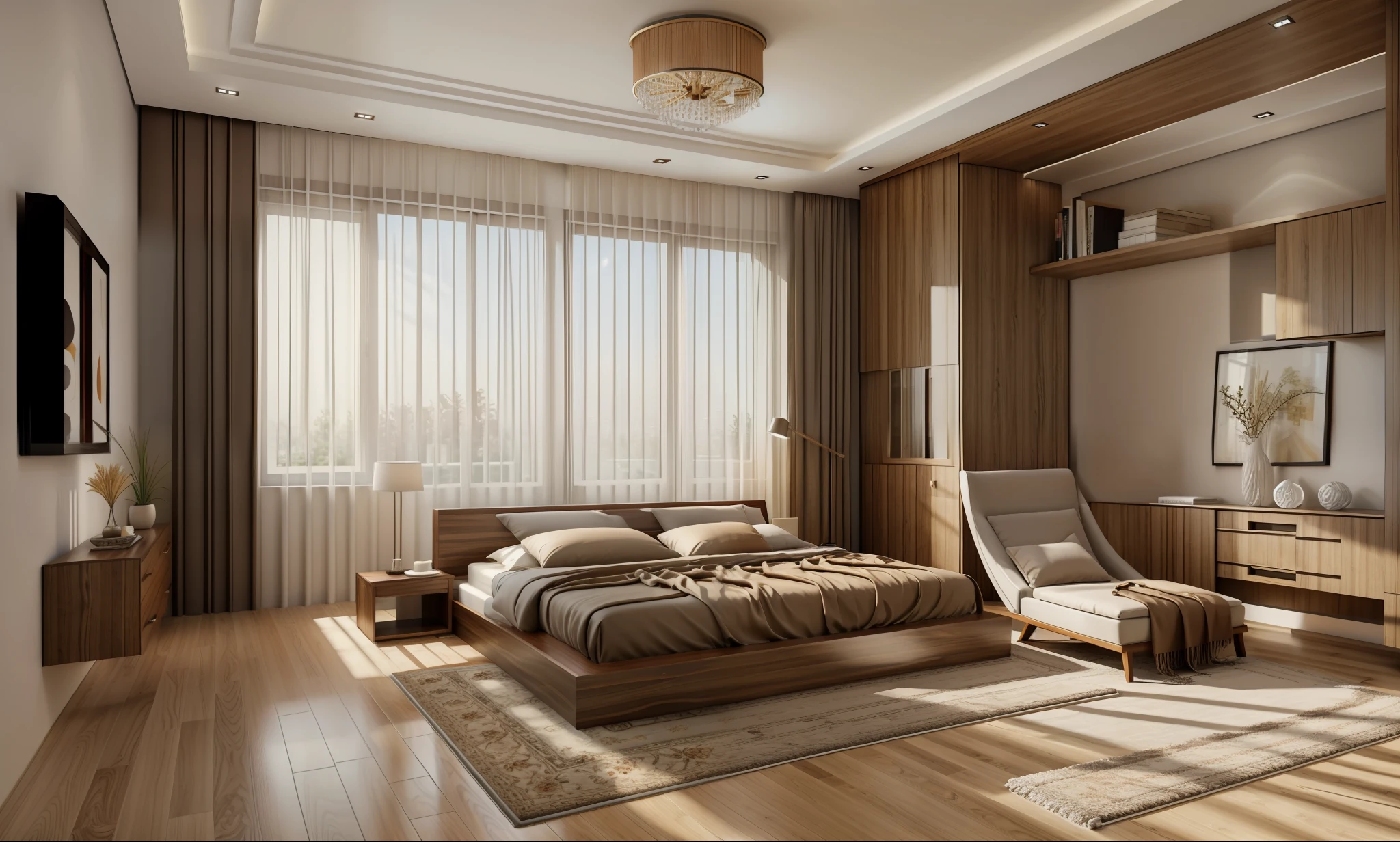 Masterpiece, high quality, best quality, authentic, super realistic, super detail, interior,modern bedroom, rug,wooden floor,window,curtains,daylight,vray