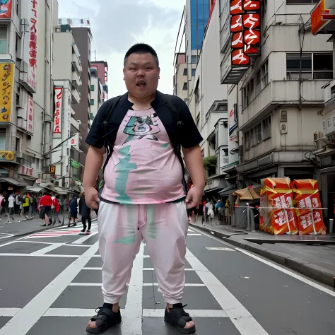 fat, whoami,Capture the unique scene of a stereotypical anime otaku in Akihabara, The otaku should be hyper-realistic, with a hi...