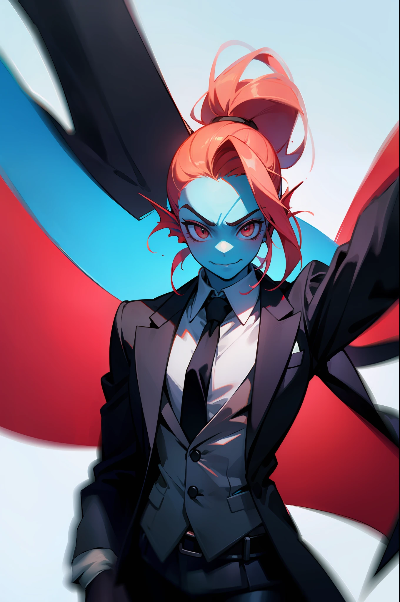 undyne l&#39;immortel dans un costume noir bien rangé et une veste cravate