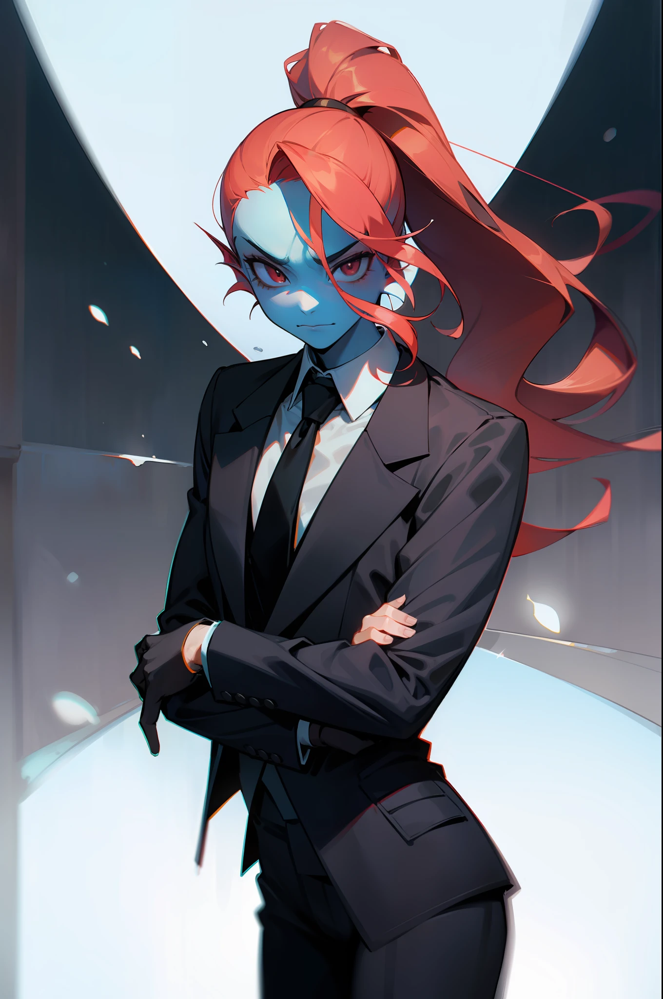 undyne l&#39;immortel dans un costume noir bien rangé et une veste cravate