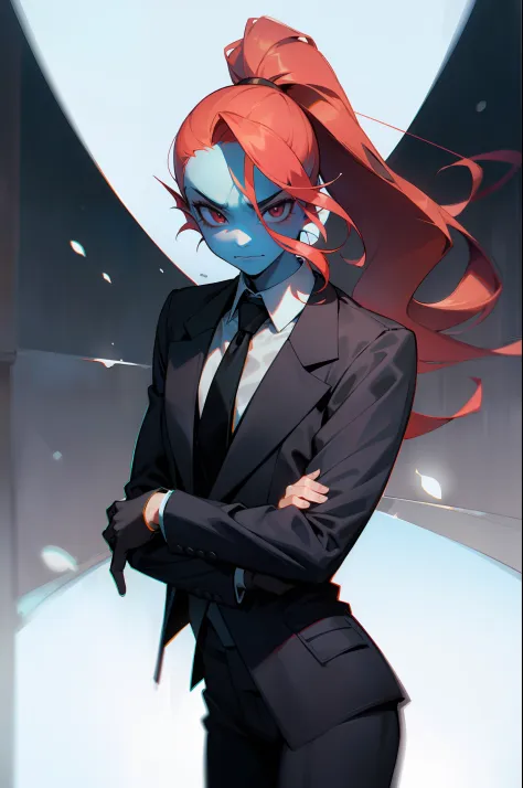 undyne the undying in a clean tidy black suit and tie jacket