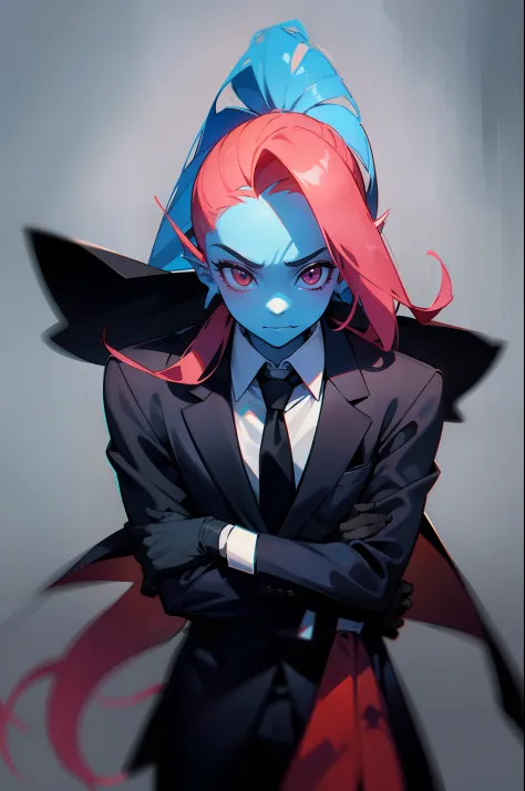 undyne the undying in a clean tidy black suit and tie jacket