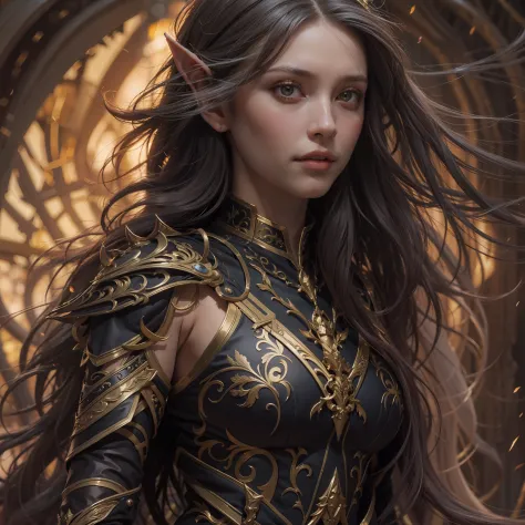 Beautiful close-up portrait painting of perfect female elf warrior, shapeless long hair, perfect features, (wearing black and gold ornate elven armor), abstract beauty, near perfection, pure form, dynamic pose, ethereal background, (deep dark shadows), (st...