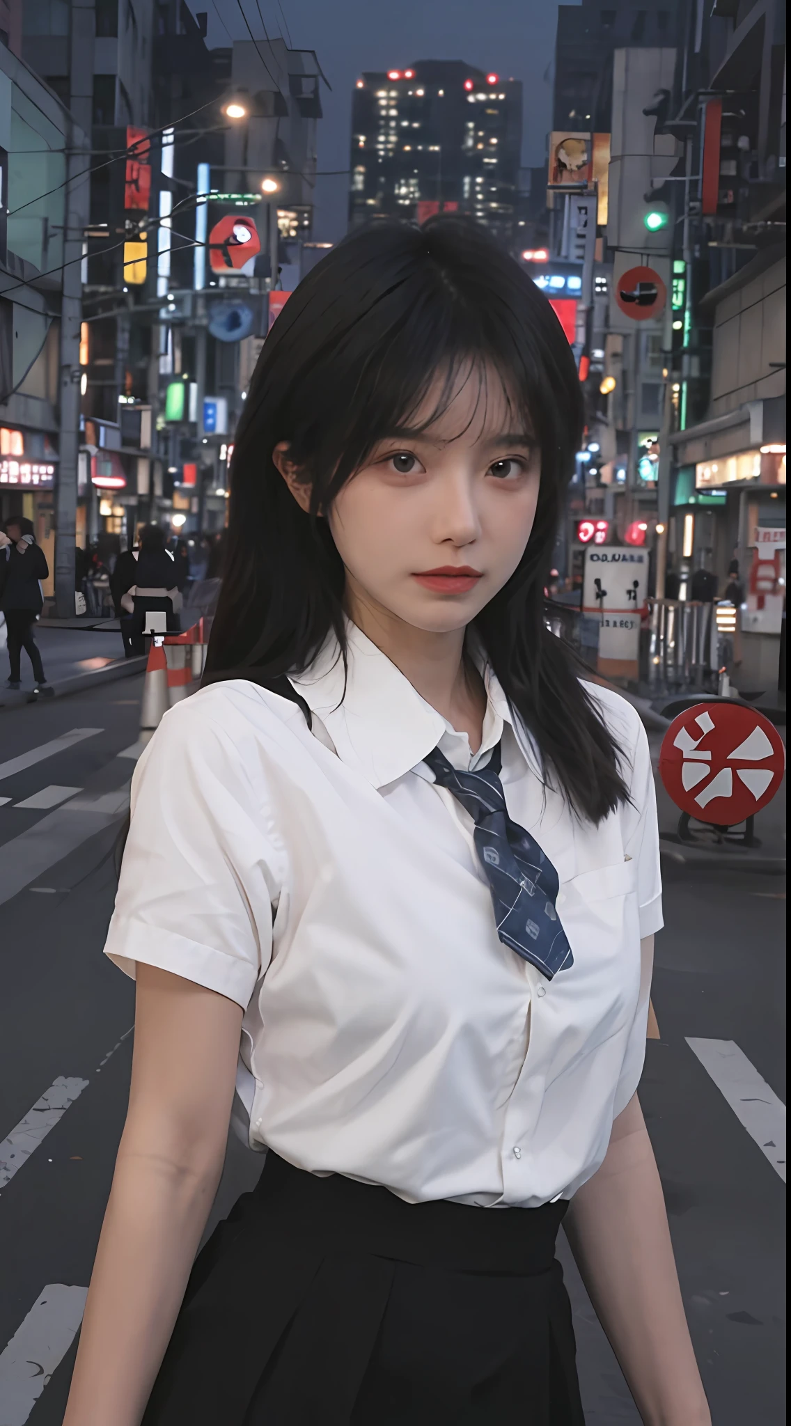 best qualtiy， 超高分辨率， （realisticlying：1.4），（natta），（looking at viewert：1.331），（whaite hair），posing on a，Tokyo Street，nightcityscape，Cyberpunk-city，the soft light，1girll，extremely beautiful face，chest circumference，putdownhands，random hair style，Random expressions，largeeyes，Alvine，（short- sleeved。JK_shirt）， JK_style， （darkblueJK_skirt）， （bowJK_tie）， mix4.， best qualtiy