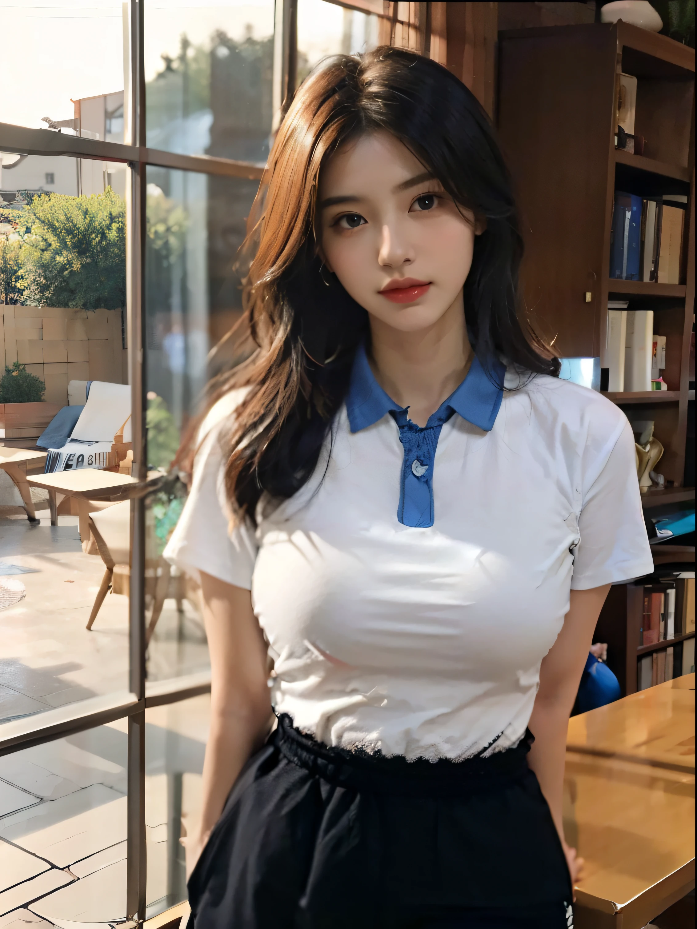 Best quality, Masterpiece, Ultra-high resolution, Photorealistic, Multiple girls, (Pretty face:1.4), White shirt with blue collar：1.5, Black sweatpants ：1.5(Large of breast, Narrow waist), cabelos preto e longos, In the library, bokeh, Beautiful lighting, Shiny skimazing woman，Has an extremely curved body、Huge and deep，Will leave you breathless，adolable，Expose the waist and lower breasts，extremely huge breast：1.6