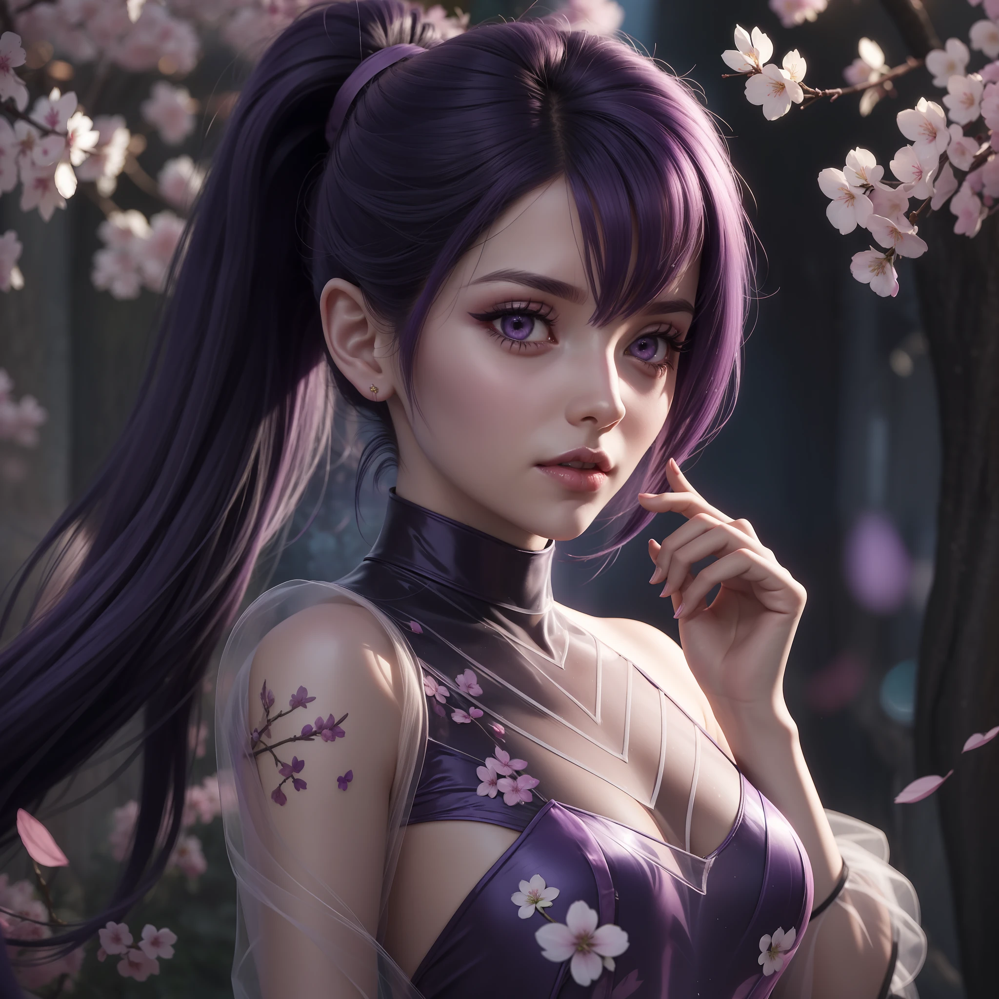 Vidia beautiful purple hair ponytail on neon background purple eyes with transparent dress ultra detailed very realistic high definition with bare shoulders cherry blossom everywhere cherry blossoms surround her