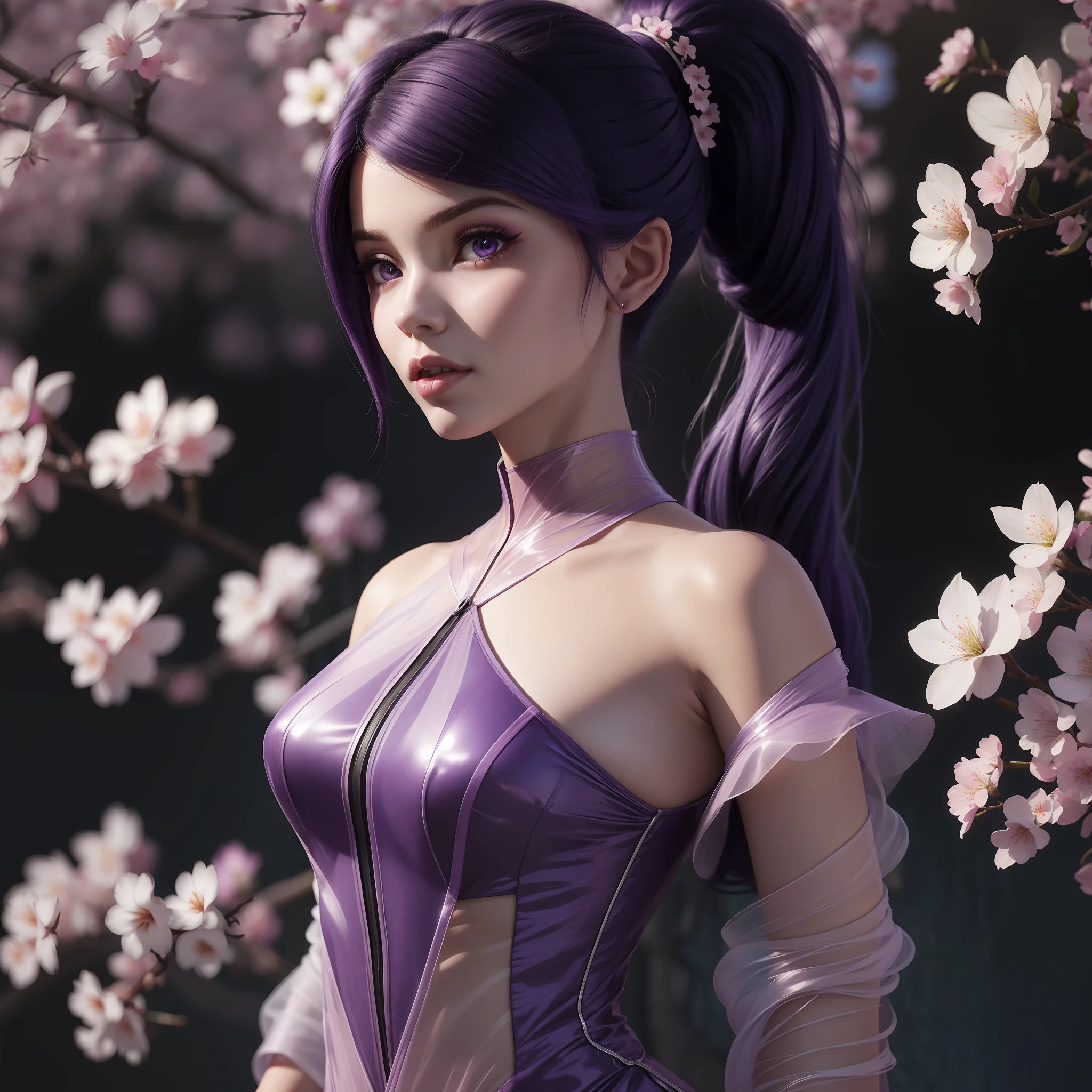 Vidia beautiful purple hair ponytail on neon background purple eyes with transparent dress ultra detailed very realistic high definition with bare shoulders cherry blossom everywhere cherry blossoms surround her