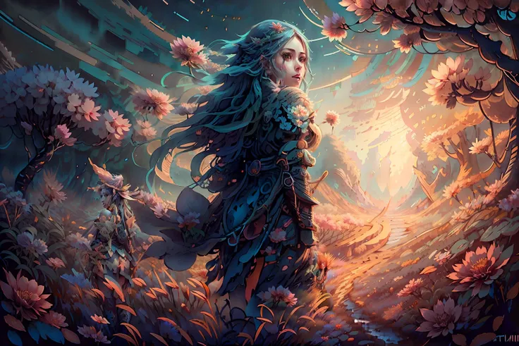 anime girl with long hair walking in a field of flowers, epic fantasy digital art style, artgerm and atey ghailan, epic fantasy ...