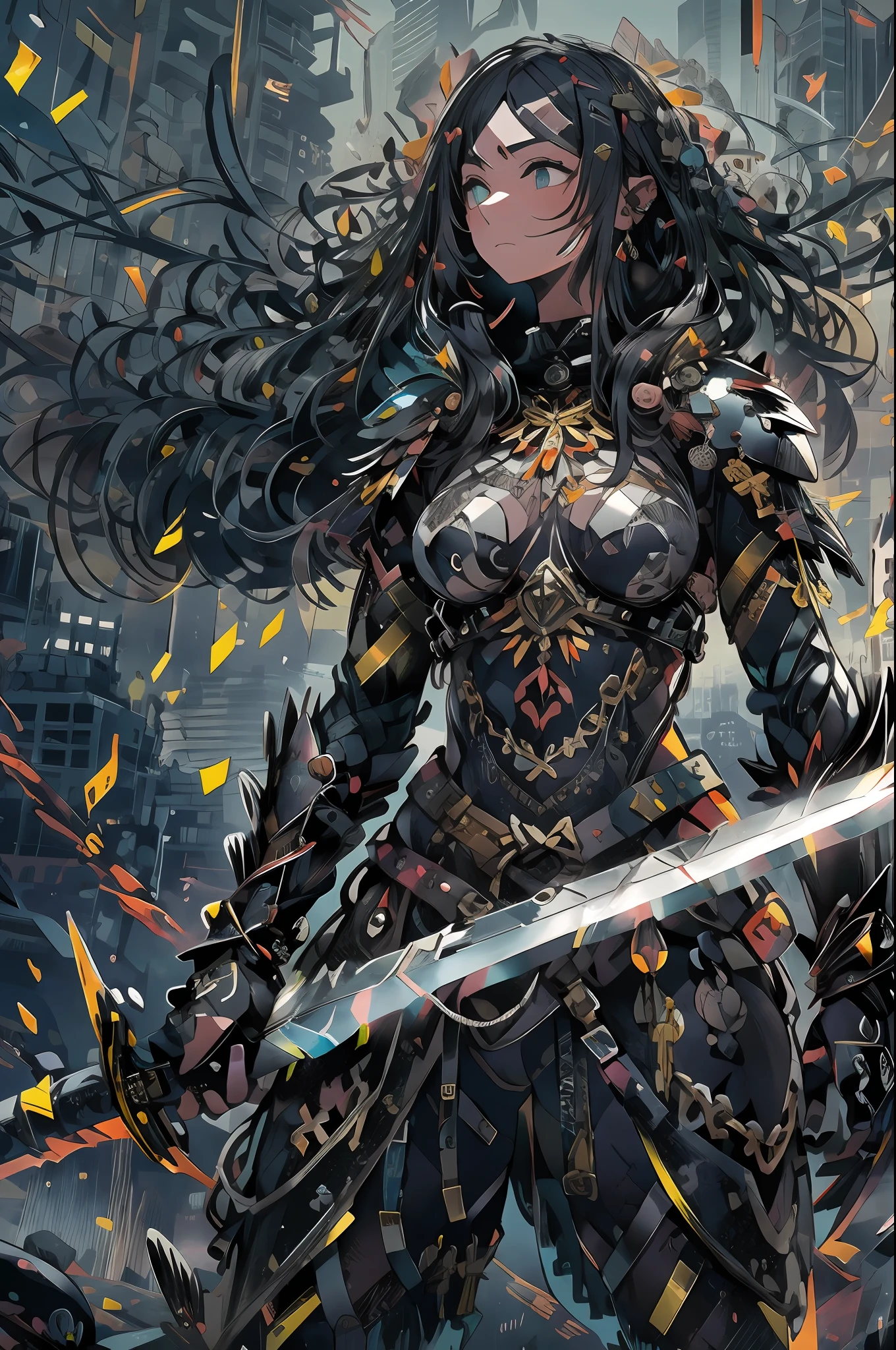 ​masterpiece, top-quality, hightquality, abyssal, awardwinning photo, depth of fields, nffsw, ighly detailed, trending on artstationh, Trending in CGSighbour, Convoluted, high detailing,This illustration is、It is a fantasy scene that emphasizes weight and strength.。Female warrior in black armor、Stand with a very large sword in each hand。Her armor is、Covered with thick and heavy steel plates、You can feel its weight and dignity.。The design of the armor is、Attention to detail、Carved patterns and reliefs exisymbolizes her pride and determination as a warrior。

Her expression was、Firm determination.、Eyes have a mysterious glow, As if staring into the distance。Her gaze is、It shows its inner strength and determination.、You can feel the fighting spirit hidden in her chest。

The surroundings include、Turbulent powder々Became glass、Sound and spectacle further accentuate the majestic atmosphere.。Steel armor and powder々The contrast of the glass that became、Symbolizes the trials of the female warrior's past and her indomitable will。

This illustration is、Through the figure of a female warrior with strength and solidity、It depicts a message of strength and courage to overcome adversity。