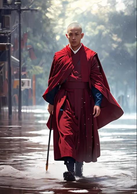 Majestic monks walking on water in a storm，Dressed in a shiny red cassock，A resolute expression，A ray of light descended from th...