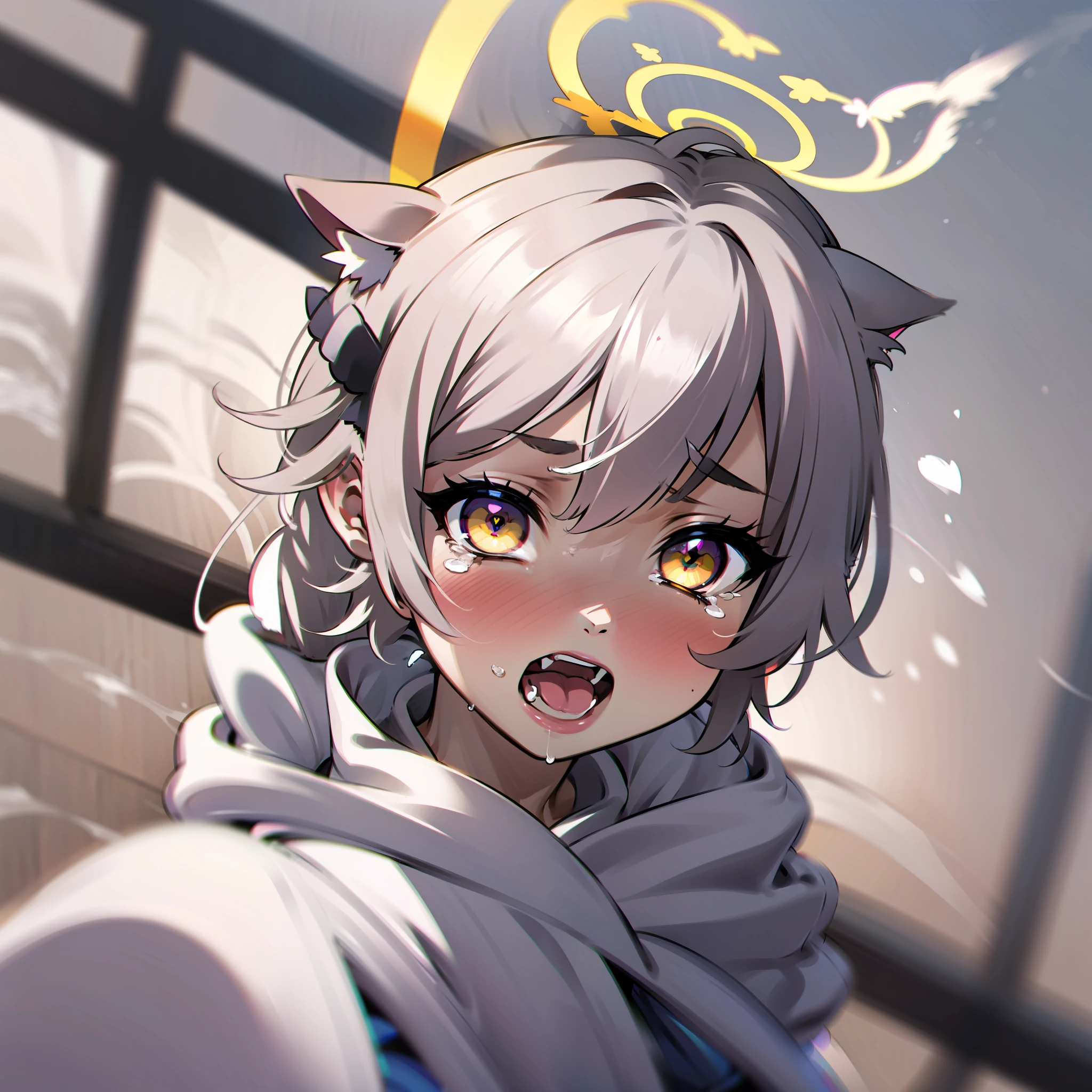 streaked hair, white hair, ahoge, braid, side braid, halo, ribbon, heart-shaped pupils, gradient eyes, streaming tears, yellow eyes, cat ears, kemonomimi mode, blush, shy, ear blush, heart in eye, full blush, moaning, heavy breathing, drooling, naughty face, naughty, fang, nose blush, anime, Surrealism, anime style, god rays, ray tracing, drop shadow, 8k, super detail, UHD, ccurate, high details, high quality, highres, 1080P