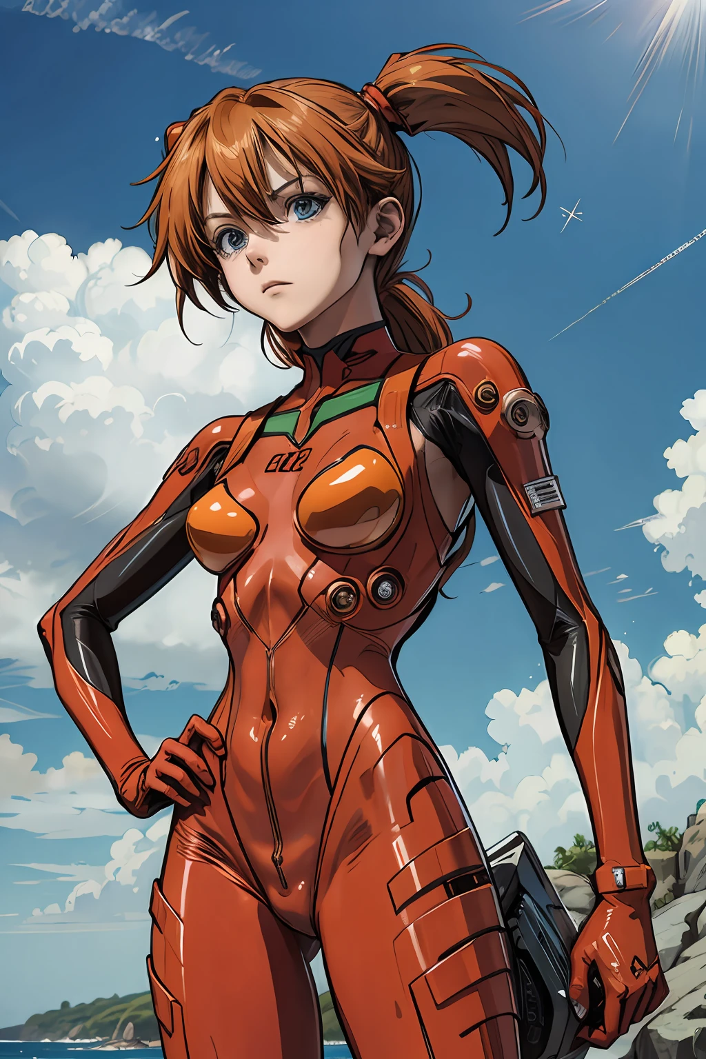 Souryu Asuka Langley eva 套装, 每克, (更好的质量, 第一份工作:1.2), 逼真的, 日本动画片. 粗轮廓, 强烈的阴影, 1 , 全身, 小胸, 海滩, 蓝天, 云, 橙色头发, 详细背景, 详细的脸,