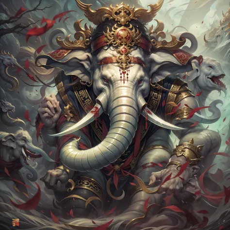 Chinese mythology and stories，Journey，White Jade Elephant King，Super elephant head close-up，Front close-up，closeup cleavage，Devoured 100 heavenly soldiers，See the throat，Long, Thick nose，long fangs，tosen，Fierce eyes，Blood，A mouth full of blood，Dripping blo...
