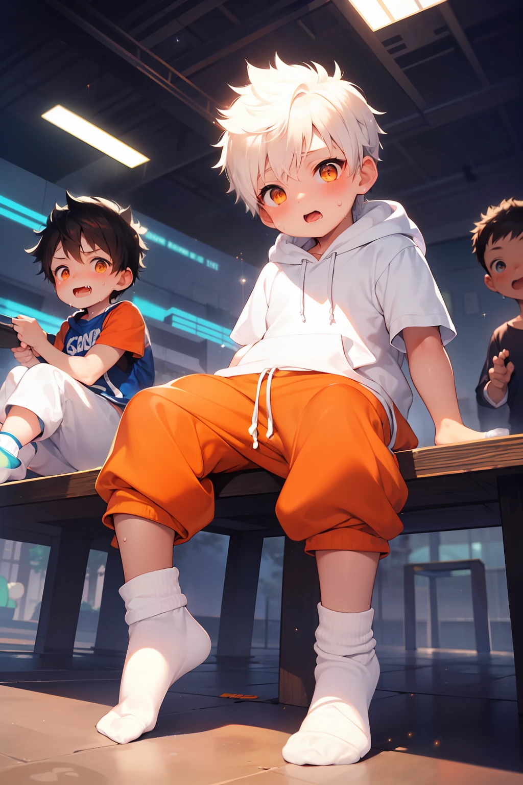 2 chubby Little ولدs with White hair and shiny orange eyes and colorful جوارب wearing a hoodie, and oversized بنطال رياضي sitting on a field, إحمرار الوجه خجلا, سيلان اللعاب, شاب, ولد, طفل, صغير, طفل صغير, بريق يسقط من السماء, ليلة, مظلم, ضوء خافت, (بنطال رياضي:1.4), (جوارب:1.4),