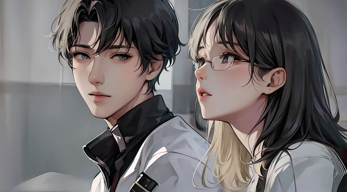 anime couple with short hair and black and white clothes looking at each other, trending on artstration, artwork in the style of guweiz, boy and girl, high quality fanart, manhwa, anime realism style, beautiful anime art style, 4 k manga wallpaper, in anime style, boy and girl are the focus, beautiful drawing style, beautiful anime portrait, girl with short hair, boy with curly hair and has rectangular eye glass, boy wear eyeglasses