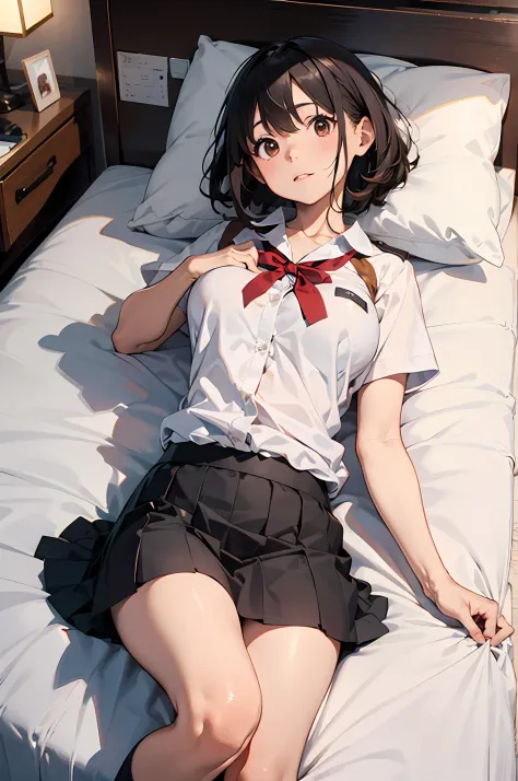 Arab-asian woman lying on bed in open white shirt and twisted black skirt, japanese girl school uniform, a hyperrealistic school...