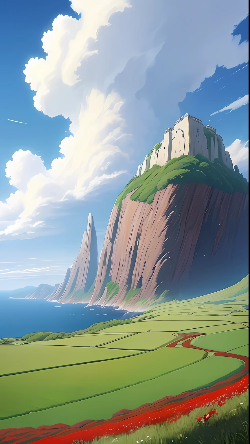 Realista, Authentic, beautiful and amazing landscape oil painting matte painting Studio Ghibli Hayao Miyazaki red flowers on a wide grassland hill with blue sky and white clouds in the background An astronaut flies with his jet pack over the hill in the background --v6