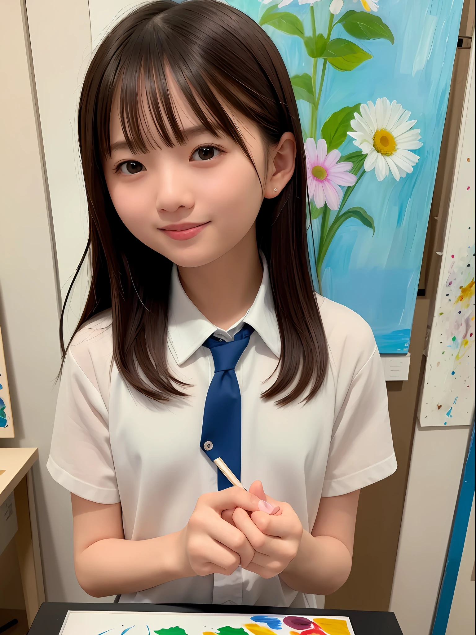 (8K、top-quality、​masterpiece:1.2)、(realisitic、Photorealsitic:1.37)、Ultra-detail、1girl in、cute little、solo、Beautiful detail sky、detailed café、(a smile:1.15)、beautiful finely detailed eyes、(shirt with collar:1.1)、business clothes、White lace、(short-hair:1.2)、Floating Hair NovaFrog Style、up close shot、medium shot、Random Shots、(((Art Classes)))