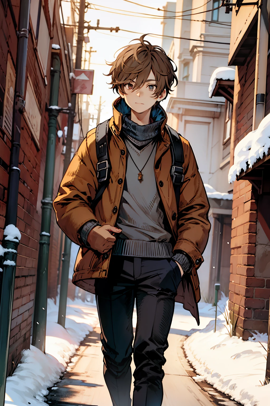小男孩, 棕色的頭髮, 在雪地里, 冷衣服, 蓝色毛衣, 黑褲子, 4k