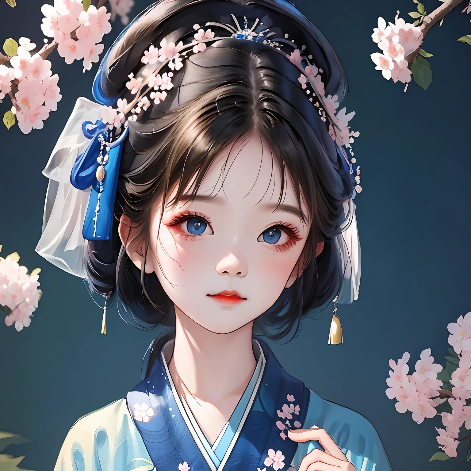 Little girl wearing blue kimono, with cherry blossom as background, gufeng_style,1 girl,masterpiece, best quality, ultra-detailed, illustration, portrait