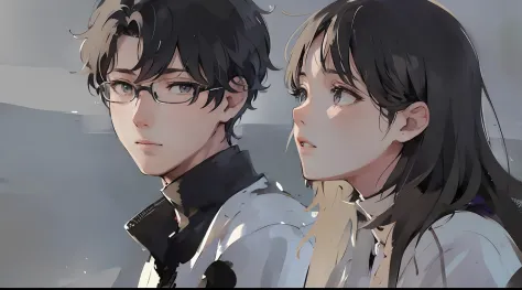 anime couple with short hair and black and white clothes looking at each other, trending on artstration, artwork in the style of...