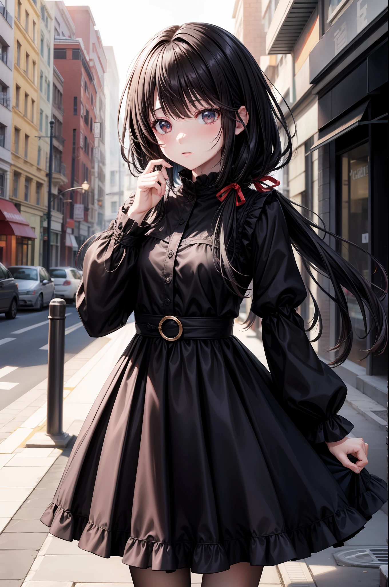 {1girl}, {hair_over_one_eye}, {black_hair}, {solo}, {outdoors}, {building}, {black_dress}, {long_sleeves}, {dress}, {long_hair}, {tokisaki_kurumi}, blush, depth_of_field, blurry_background, looking_at_viewer, hair_bow, city