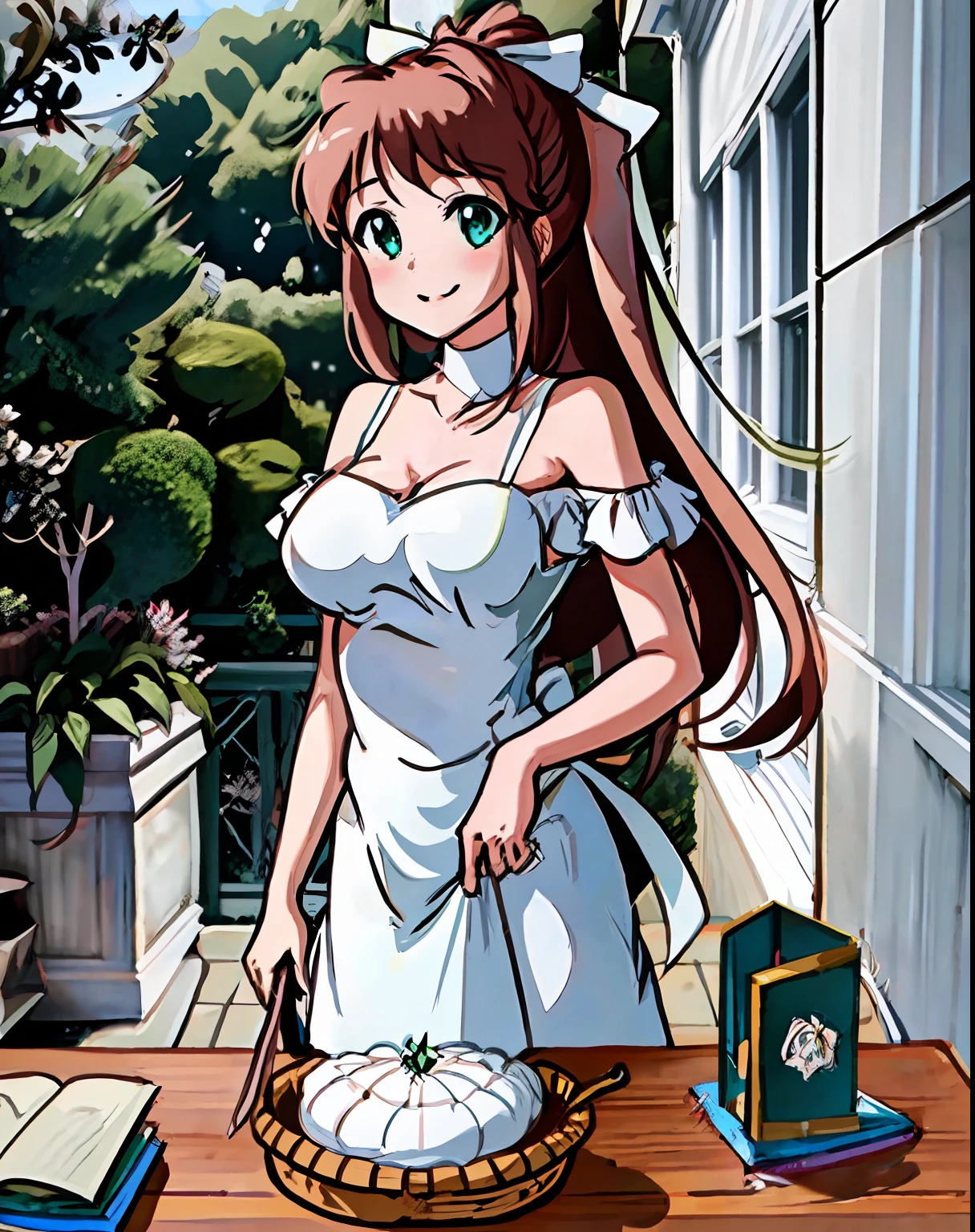 {{{best quality}}}, {{ultra-detailed}}, {illustration}, {{an extremely delicate and beautiful}}, {monika doki doki literature club}, Green eyes, Large white ribbon, artbook, ponytail, oversized breast cup, smile