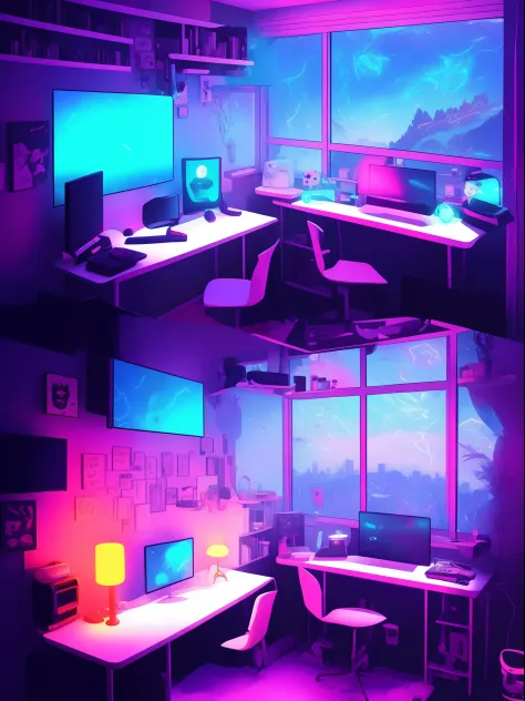 gaming room, neon room, big window, city background, night time, shelf, bed, computer table, gaming computer